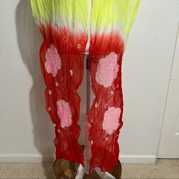 Vintage Rare One of a Kind Sheer Tie Dye Smocked Scarf Wrap Shawl Red Yellow